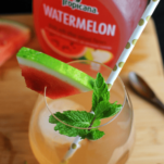 Top shot of pink cocktail in glass wtih straw, mint and watermlone slice. Watermelon bottle behind