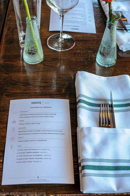 Dante Restaurant Omaha menu silverware in a napkin. 