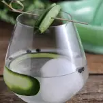 Gin and tonic glass with large ice ball, cucumber slice