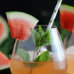 Pink cocktail in glass with mint, watermelon slice and straw