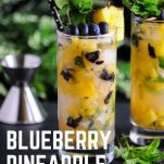 Blueberry Pineapple Mojito in 2 glasses with pineapple and blueberries. Blueberries, pineapple and mint on top with black and white dot straws. Greenery and jigger in background