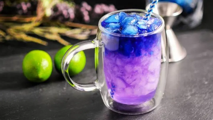 Galaxy Magic Moscow Mule Cocktail, purple and blue cocktail in glass mug. Limes, jigger and flowers in background
