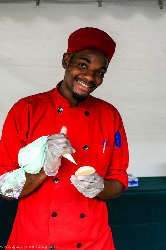 KC Flavor Festival - Pie Pops, man in red chef coat and hat frosting a pie pop