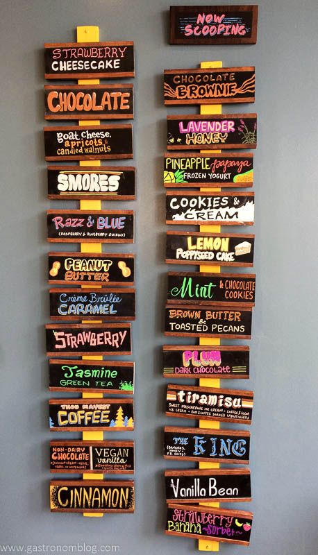 Wall board of flavors of ice cream at an ice cream shop in Kansas City, Missouri