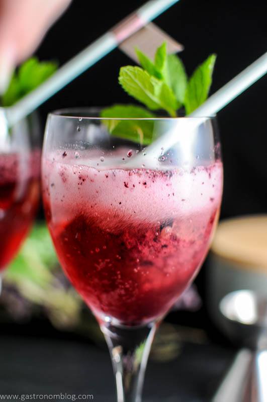 Blueberry Mint Sorbet Rose Float in wine glass with straws and mint