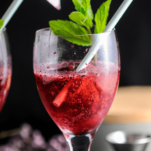 Pink sorbet in wine glass, sparkling wine topping, straw and mint sprig in glass