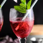 Pink sorbet in wine glass, sparkling wine topping, straw and mint sprig in glass