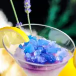 Blue ice on top of white, lavender sprigs