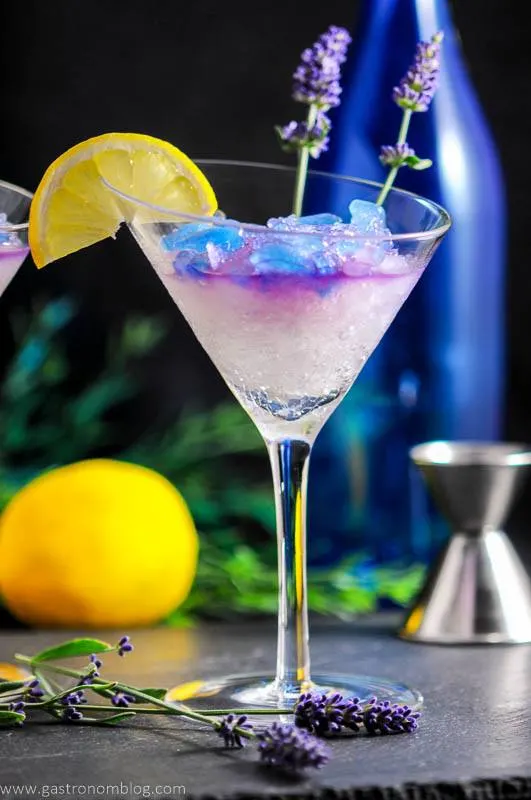 Lavender Lemon Gin and Tonic Granita Cocktail, in martini glass with blue ice on top, lemon peel and lavender. Lemon, jigger and blue bottle in background