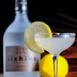 Opague cocktail in coupe with lemon slice, iichiko bottle behind with lemon