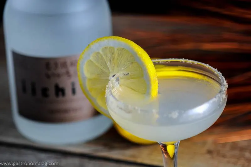 The Japanese Sidecar in cocktail coupe. iichiko bottle in background