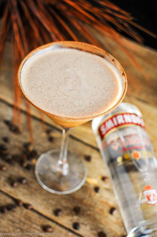 Prettay Prettay Prettay Good Latte Martini with Smirnoff Vokda in martini glass with vodka bottle