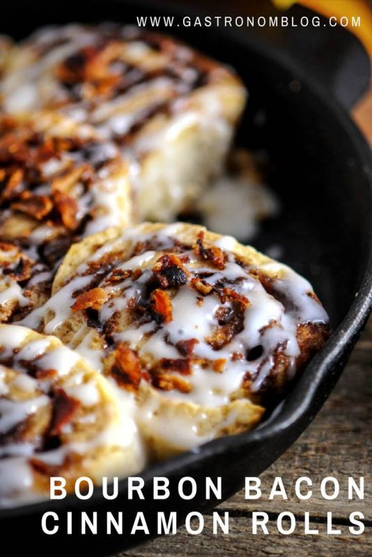 Bourbon Bacon Cinnamon Rolls - perfect for breakfast and brunch, these rolls are full of bacon, flavored with bourbon, as is the frosting on top. #bourbon #cinnamonrolls #bacon #breakfast #bourbon #pastry #baking #bakedgoods