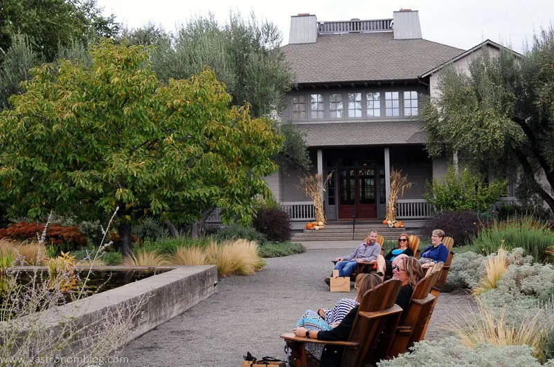 Friends enjoy sitting in wooden adirondack chairs at Frog's Leap Winery in Napa Valley