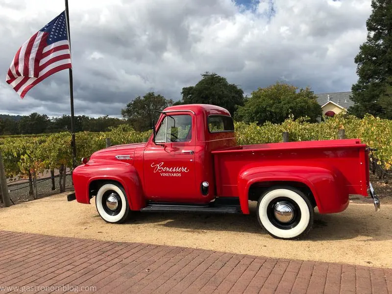 A red Pickup at Benessere Vineyards.