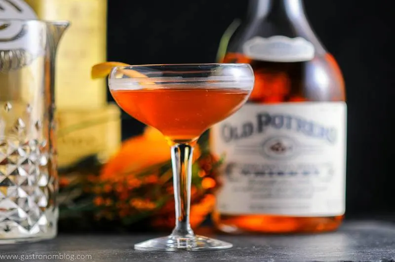A cocktail coupe filled with an Earl Grey Manhattan made with Anchor Distilling Old Potrero 18th Century Style Whiskey.