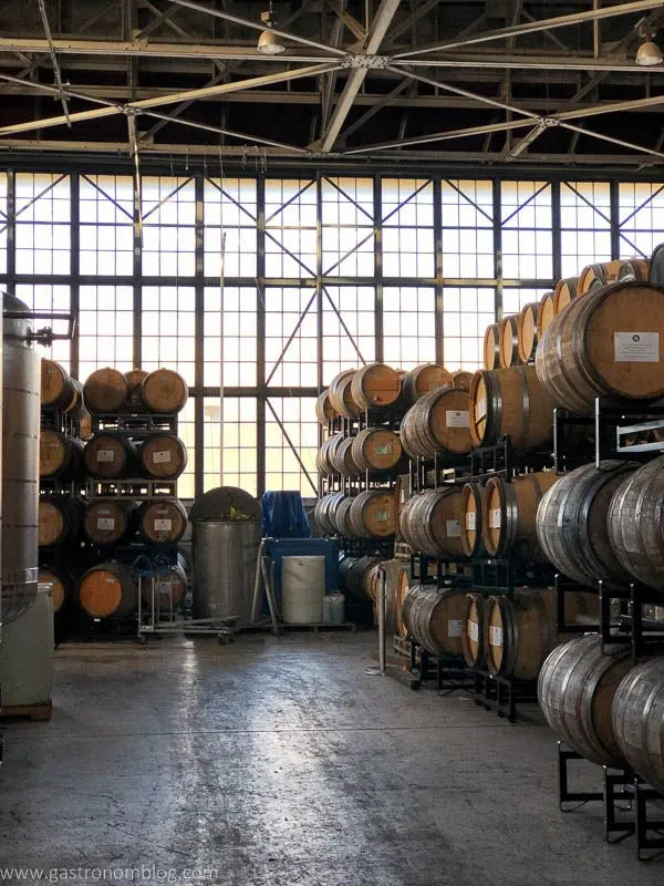 Barrels stacked at St. George Spirits, Alameda, California