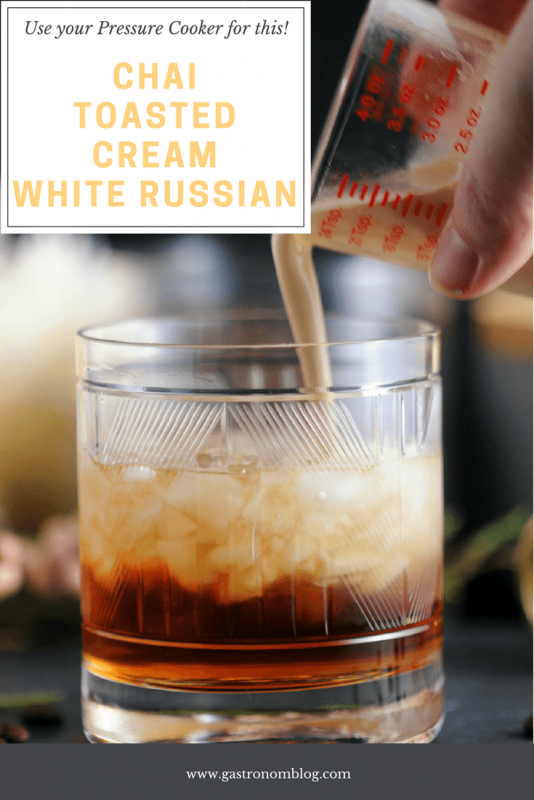 Chai Toasted Cream White Russian , cream being poured into rocks glass filled with brown liquid. 