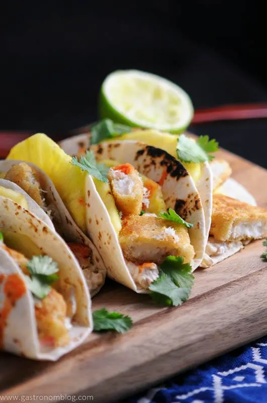 Pub Style Cod fillets from World Port Seafood are the fish in Spicy Fish Tacos with Rum soaked pineapple slices and fresh lime and cilantro.