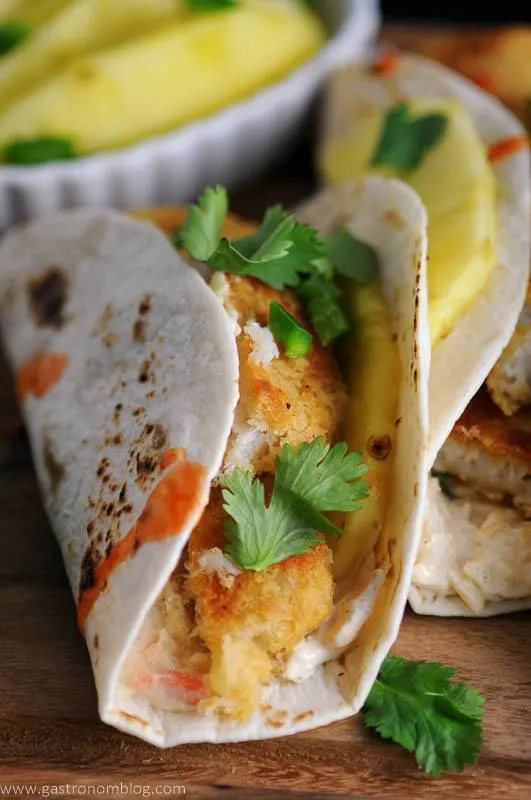 Pub Style Cod fillets from World Port Seafood are the fish in Spicy Fish Tacos with Rum soaked pineapple slices and fresh lime and cilantro.