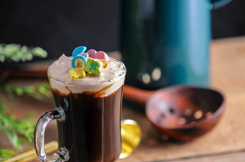 A mug of Toasted Cream Irish Coffee garnished with Lucky Charm's Marshmallow