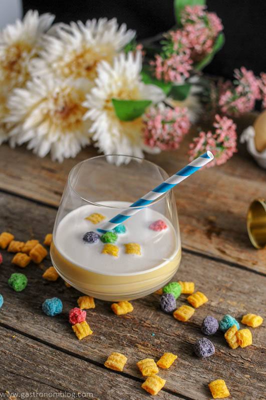 A cereal milk rum flip cocktail made with milk and Captain Crunch and rum