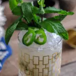 Mint and jalapeno slices on top of ice in glass