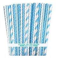 Outside the Box Papers Light Blue Stripe, Polka Dot Chevron Paper Straws 7.75 Inches 100 Pack Light Blue, White