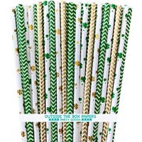 Shamrock and Chevron Irish Theme Paper Drinking Straws - St Patrick's Day Supply - Green and Gold Foil - 100 Pack - Outside The Box Papers Brand