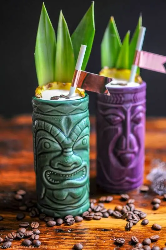 Coffee, Coffee Bean, Coffee Liqueur, Banana Liqueur, pineapple juice, coconut cream, mezcal, cocktail, Tiki Cocktail, Tropical Flavors, tiki mug