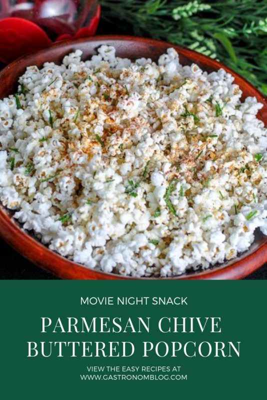 Buttered Parmesan Chive Popcorn in a wooden bowl