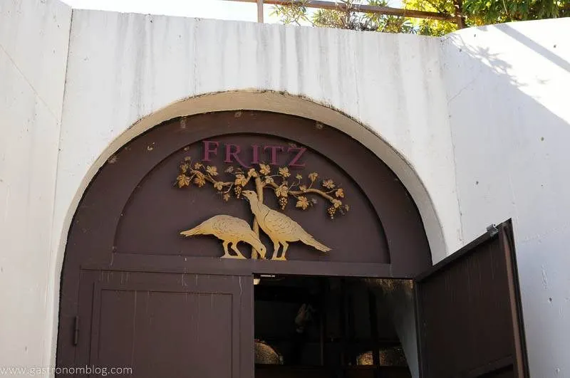 The enterance of the underground caves at Fritz Underground Winery is adorned with a logo showing some of the wild turkeys that are found on the grounds.