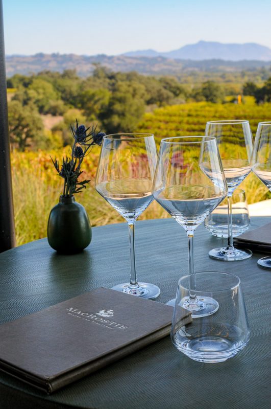 Wine Glasses on a table at a wine tasting, with a view of Sonoma Valley