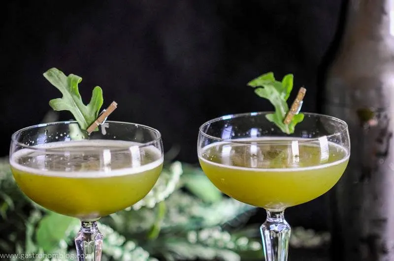 This arugula based cocktail is flavorful and rich. Great gin flavors with the lime juice and honey simple syrup, along with the great green from the arugula, from Gastronomblog. #gastronomblog #cocktails #honey #lime #arugula green cocktails in coupes with leaves pinned to glasses