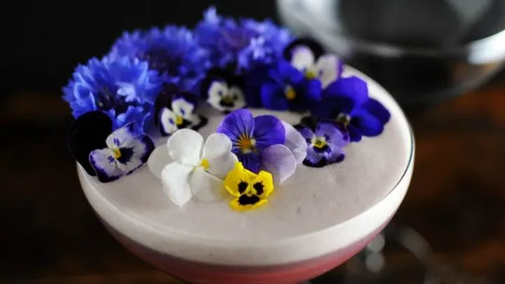 Egg white foam topped cocktail with edible flowers