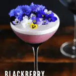 Purple cocktail in a purple coupe, egg white foam and edible flowers