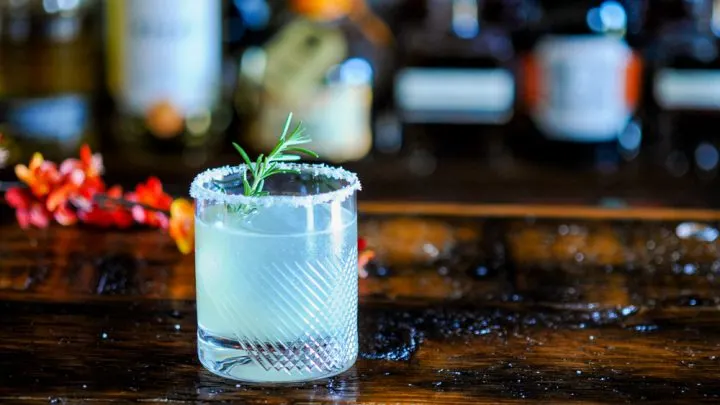Margarita in rocks glass with salt rim and rosemary sprig