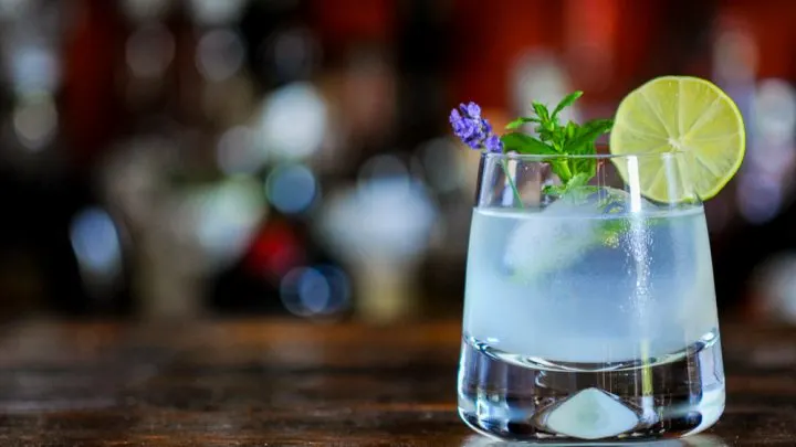 Cocktail in rocks glass with lime wheel and mint