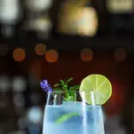 Cocktail in rocks glass with lime wheel