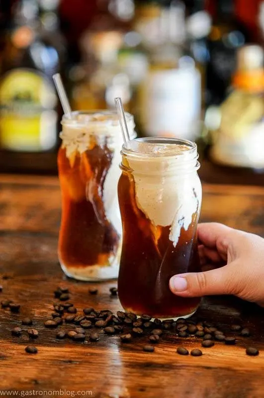 Pumpkin Cream Cold Brew Coffee cocktail in jars with glass straws