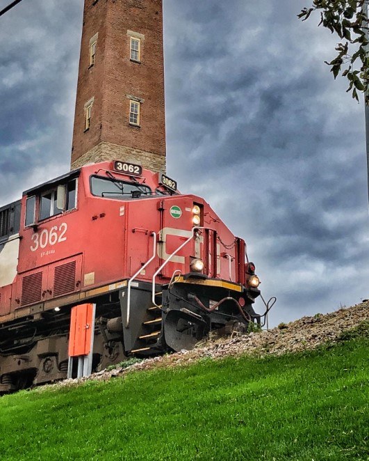 Train and the shot tower in Dubuque, Iowa