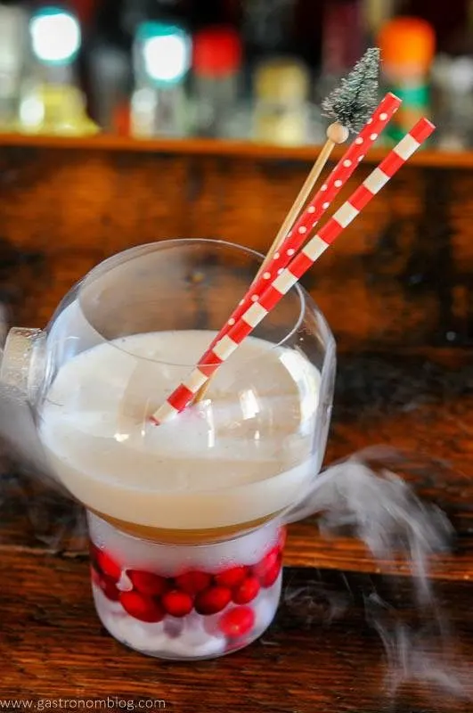 Christmas drink in ornament, red and white straws
