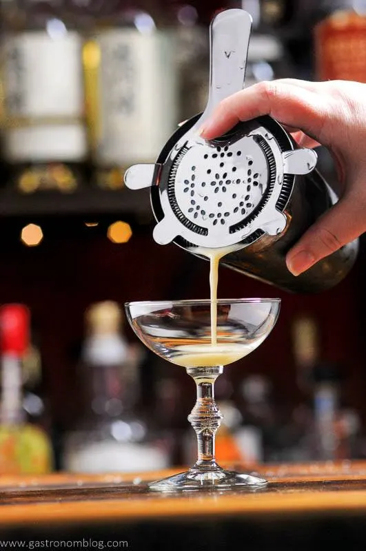 Bourbon eggnog poured into coupe