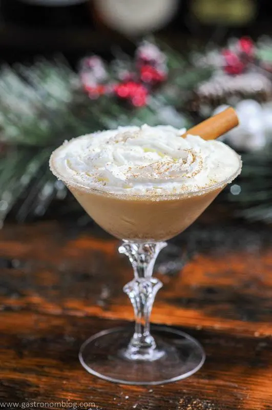 brown Gingerbread cocktail recipe in coupe with whipped cream