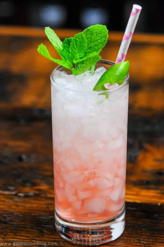 pink Mocktail in tall glass, mint leaves