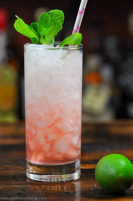 Pink mocktail in tall glass with straw and mint