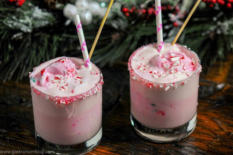 Pink Peppermint ice cream punch in glasses pink/white straws