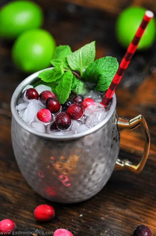 Cranberry drink in silver mug, cranberries and mint