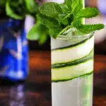 tall glass lined with cucumber slices, topped with mint, green straws