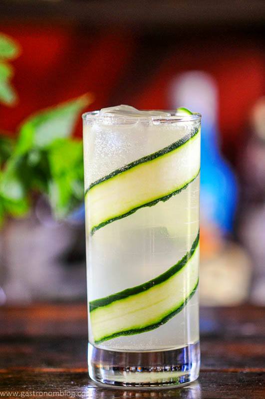tall gin cocktail in glass, glass lined with cucumber slices
